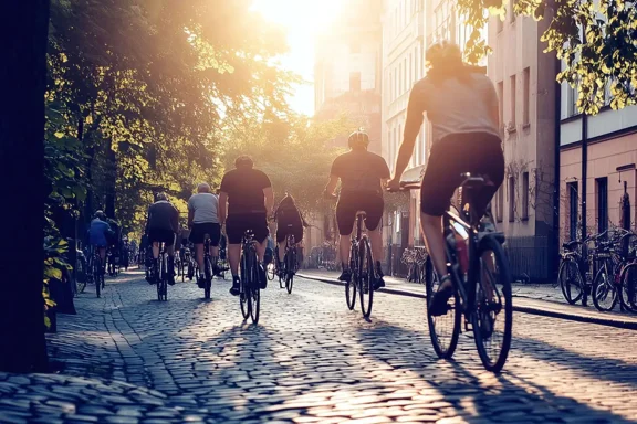 Eine Gruppe von Radfahrern in der sommerlichen Innenstadt.